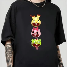 Camiseta de bolsillo negra para mujer, top corto con amigos del árbol feliz, camiseta con estampado de dibujos animados lindos - Cuello de tripulación estructurado que resuelve la apariencia de ropa no estructurada - Aspecto hecho a medida - Negro - Ver 1