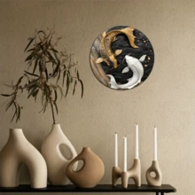 2D Flat, 1pc, Round Koi Fish Metal Plaque (8 X 8 Inches), Koi Fish Lover Plaque, Living Room Wall Decor, Round Fashionable Artistic Aesthetics, Tai Chi Animal Painting Art, Perfect Gift For Family And Friends