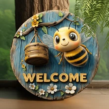 1 pièce Plaque décorative ronde plate de 8 x 8 pouces - Panneau de bienvenue avec motif bois et abeille, plaque haute définition résistante aux intempéries, convient pour les cadeaux nature, la décoration apicole, position des trous plate aléatoire