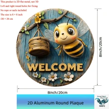 1 pièce Plaque décorative ronde plate de 8 x 8 pouces - Panneau de bienvenue avec motif bois et abeille, plaque haute définition résistante aux intempéries, convient pour les cadeaux nature, la décoration apicole, position des trous plate aléatoire