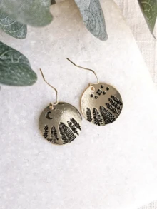 2 件欧美复古风格不对称金环、松树、星星、月亮耳环，女士日常休闲装 - 金黃色 - 查看 2