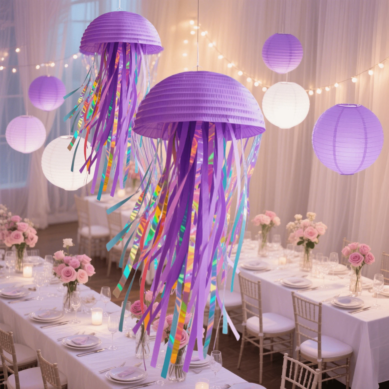 Linternas de papel con diseño de medusas azules/moradas/rosas, decoraciones colgantes de fiesta submarina con tema de sirena, suministros para oficina y aula, decoración para fiestas de cumpleaños, bodas, navidad, restaurantes y talla grande, linternas de papel plegables multiescena