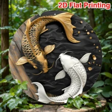 2D Flat, 1pc, Round Koi Fish Metal Plaque (8 X 8 Inches), Koi Fish Lover Plaque, Living Room Wall Decor, Round Fashionable Artistic Aesthetics, Tai Chi Animal Painting Art, Perfect Gift For Family And Friends