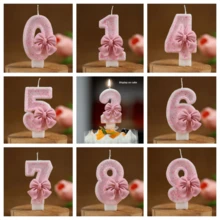 Velas com números da série Cute Pink Bow de 0 a 9, velas para decoração de bolo de aniversário, artigos para festas com atmosfera, adequadas para festas de aniversário, festas de revelação de gênero, festas de inauguração, festas de casamento, festas monocromáticas, noite das mulheres, festas temáticas, itens essenciais para 1º a 100º aniversário