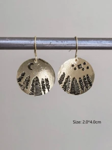 2 件欧美复古风格不对称金环、松树、星星、月亮耳环，女士日常休闲装 - 金黃色 - 查看 3