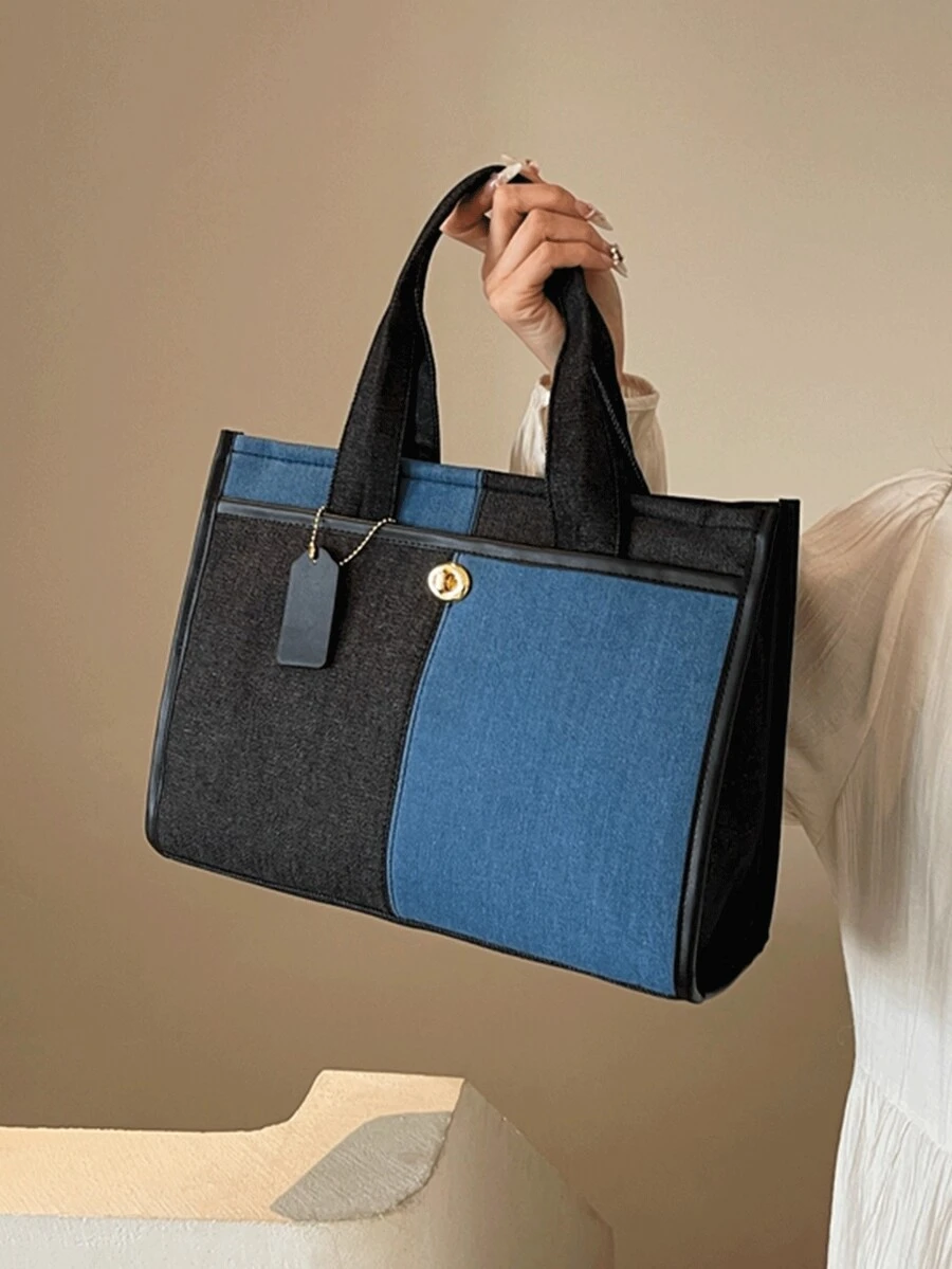 Fashionable Classic Casual Contrasting Color Double Handle Handbag, With Large Capacity, Lightweight And Portable Square Bag, Can Be Hung On The Side, University Style Canvas Bag, Suitable For Travel Shopping, Commuting To Work, Outdoor Sports And Campus Use. - View 1