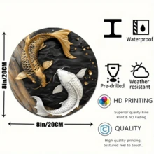 2D Flat, 1pc, Round Koi Fish Metal Plaque (8 X 8 Inches), Koi Fish Lover Plaque, Living Room Wall Decor, Round Fashionable Artistic Aesthetics, Tai Chi Animal Painting Art, Perfect Gift For Family And Friends