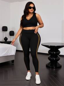 Plus Size Women Sports Leggings, High Waist Side Stripe Design Yoga Pants, Suitable For Workout, Yoga, Jogging - Black - View 2