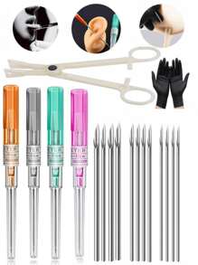 9pcs/Set Sterile Mixed Size Stainless Steel Piercing Tools. 7pcs Piercing Tools + 1 Tweezers + 1 Pair Gloves To Handle (14G 16G 18G 20G) IV Catheter Sealing Papers, Random Color & Text. Hollow Piercing Hole, Suitable For Men & Women Ear, Nose, Navel, Lip, Eyebrow, Tongue, Soft Tissue Piercing Beauty Tools