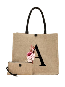 Floral Pattern Black Letter A-Z Print Linen Tote Bag, Small With Buckle Handle, Large & Small Set, Minimalist Travel Bag, Cosmetic Bag, Large Capacity Travel Makeup Bag, Casual Carry-On Tote, Shopping Bag, New Design, Suitable For Shopping Tote, Lunch Bag, Multi-Purpose Portable Tote, Ideal Gift For School, Picnic, Family, Friends, Parents, Classmates