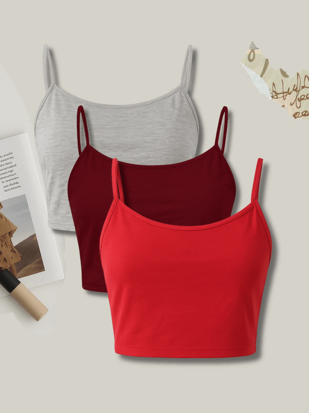 Kit 3 Cropped Tank Top Light Straps Thin Elegant Sensual Casual Cute Cotton Cropped Tank Top Street Daily - 灰色,酒紅色和紅色 - 查看 1