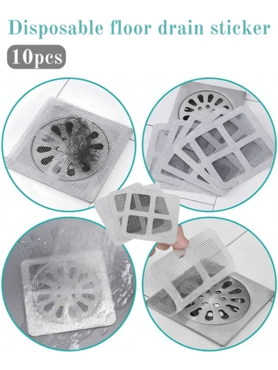 10 件一次性排水堵塞贴纸，强力粘性毛发和宠物毛发阻挡器，浴室和厨房异味过滤贴纸，可修剪隐形网状贴纸，家庭清洁必备