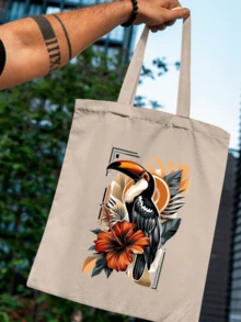 100% Cotton Ecobag Bag With Toucan Print And Colorful Flowers