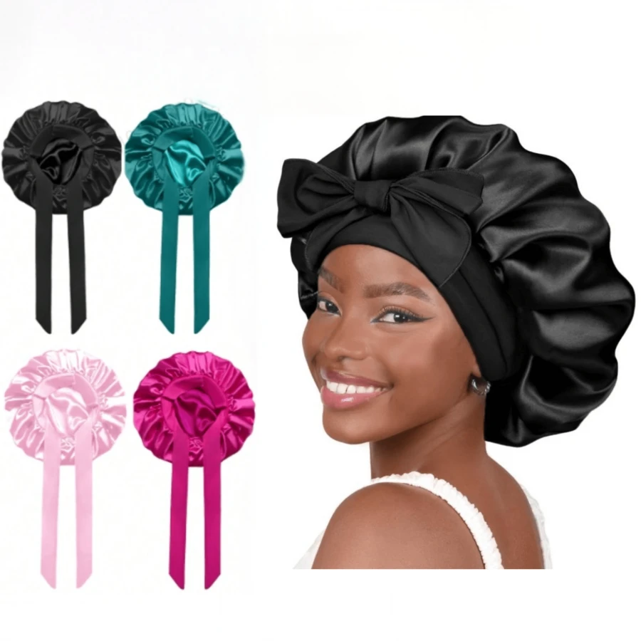 1/2/4 Pieces Of Women's Polyester Large Nightcap, Solid Color Imitation Silk Nightcap, With Adjustable Hair Care Cap With Inner Seam Strap - F - View 1