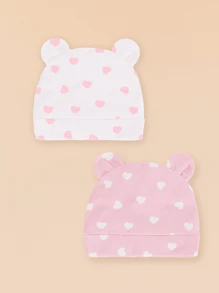 2pcs/1pc Baby Pink Heart Pattern Soft Cotton Breathable Double Ear Infant Newborn Hospital Beanie Hat, Suitable For 0-3 Months Daily Use, Great Gift For Expecting Mothers