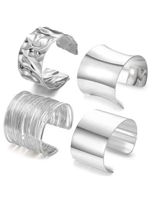 Yanxyad 1 Set Women's Thick Silver Bangle Bracelets, Punk Style Jewelry, Thick Silver Bracelets, Personalized Chunky Bracelets, Silver Bracelet Set & Gift, Petite Bangle - Silver - View 13