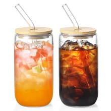 2pcs/1pc Glass Cup With Bamboo Lid And Straw, Women Gift, Drinking Glass Set, Iced Coffee, Tea Cup, Aesthetic Design Glass Cup, Mother's Day, Birthday Gift For Mom