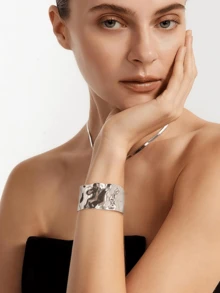 Yanxyad 1 Set Women's Thick Silver Bangle Bracelets, Punk Style Jewelry, Thick Silver Bracelets, Personalized Chunky Bracelets, Silver Bracelet Set & Gift, Petite Bangle - Silver - View 14