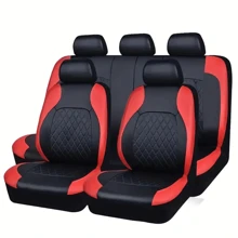 5-Seat Universal 4-Season Leather Car Seat Covers, Black & Red Rhombus Plaid Style, Seat Protection Decoration Set (5-Seat Fit/4-Season Applicable/Leather Material/Fashionable Design/Complete Protection)
