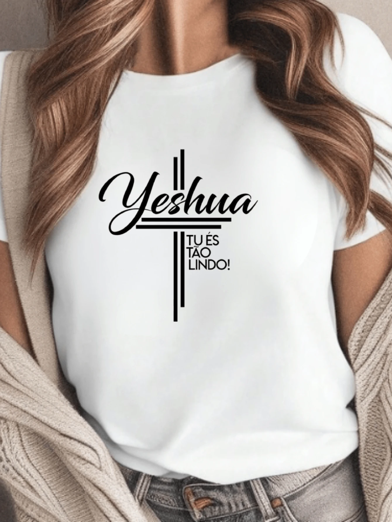 Camiseta Babylook T-Shirt Moda Feminina Cristã Evangélica Religiosa Yeshua Tu És Tão Lindo - Branco - Visão 1
