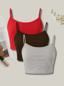 Kit 3 Cropped Tank Top Light Straps Thin Elegant Sensual Casual Cute Cotton Cropped Tank Top Street Daily - 紅色,棕色和灰色 - 查看 1