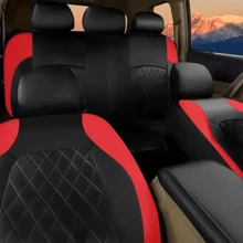 5-Seat Universal 4-Season Leather Car Seat Covers, Black & Red Rhombus Plaid Style, Seat Protection Decoration Set (5-Seat Fit/4-Season Applicable/Leather Material/Fashionable Design/Complete Protection)