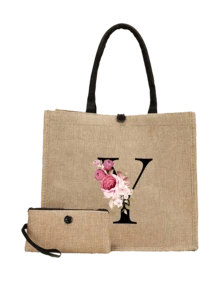 Floral Pattern Black Letter A-Z Print Linen Tote Bag, Small With Buckle Handle, Large & Small Set, Minimalist Travel Bag, Cosmetic Bag, Large Capacity Travel Makeup Bag, Casual Carry-On Tote, Shopping Bag, New Design, Suitable For Shopping Tote, Lunch Bag, Multi-Purpose Portable Tote, Ideal Gift For School, Picnic, Family, Friends, Parents, Classmates