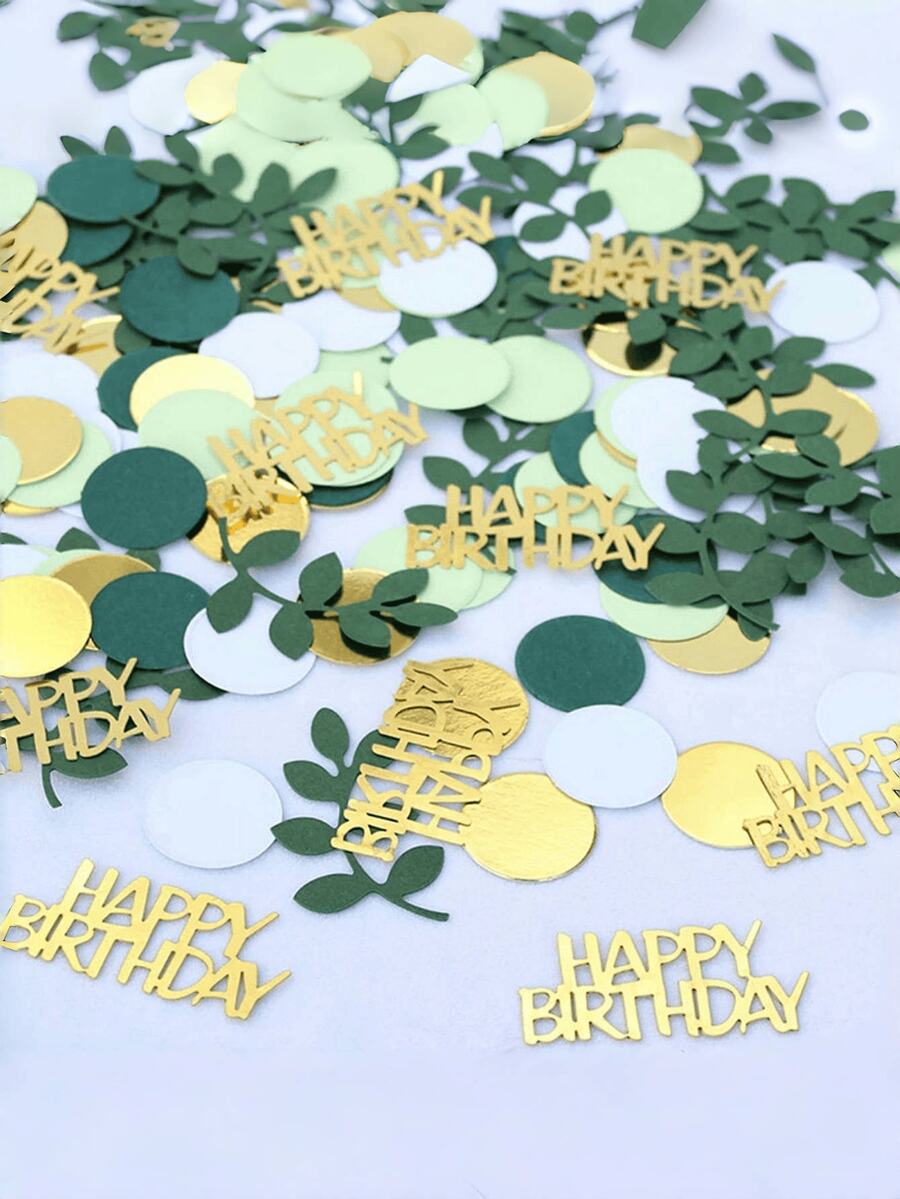 100/120 piezas de hojas verdes de salvia y confeti dorado "Feliz Cumpleaños" - Ideal para esparcir en la mesa, decoración de fiestas y celebraciones, accesorios de festival, suministros para fiestas de cumpleaños, regalos de cumpleaños, decoración artesanal, decoración del hogar