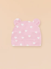 2pcs/1pc Baby Pink Heart Pattern Soft Cotton Breathable Double Ear Infant Newborn Hospital Beanie Hat, Suitable For 0-3 Months Daily Use, Great Gift For Expecting Mothers
