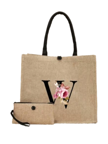 Floral Pattern Black Letter A-Z Print Linen Tote Bag, Small With Buckle Handle, Large & Small Set, Minimalist Travel Bag, Cosmetic Bag, Large Capacity Travel Makeup Bag, Casual Carry-On Tote, Shopping Bag, New Design, Suitable For Shopping Tote, Lunch Bag, Multi-Purpose Portable Tote, Ideal Gift For School, Picnic, Family, Friends, Parents, Classmates