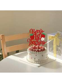 1pc Birthday Cake Topper With Flower Decoration, Glitter Sweet Fruit Theme Birthday Cake Topper With Strawberry Shower For Selected Strawberry Theme Birthday Party Cake Decoration,Christmas