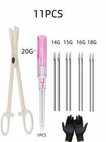 9pcs/Set Sterile Mixed Size Stainless Steel Piercing Tools. 7pcs Piercing Tools + 1 Tweezers + 1 Pair Gloves To Handle (14G 16G 18G 20G) IV Catheter Sealing Papers, Random Color & Text. Hollow Piercing Hole, Suitable For Men & Women Ear, Nose, Navel, Lip, Eyebrow, Tongue, Soft Tissue Piercing Beauty Tools
