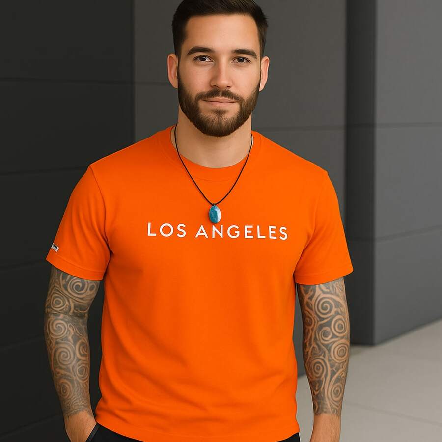 Camiseta Masculina Estampada Los Angeles Camisa 100% Algodão Malha 30.1 - Laranja - Visão 1
