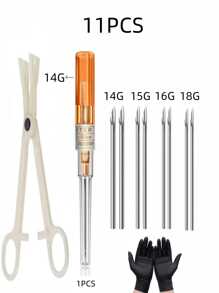9pcs/Set Sterile Mixed Size Stainless Steel Piercing Tools. 7pcs Piercing Tools + 1 Tweezers + 1 Pair Gloves To Handle (14G 16G 18G 20G) IV Catheter Sealing Papers, Random Color & Text. Hollow Piercing Hole, Suitable For Men & Women Ear, Nose, Navel, Lip, Eyebrow, Tongue, Soft Tissue Piercing Beauty Tools