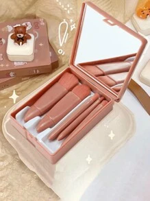 5er-Set tragbare Makeup Pinsel mit Spiegel, Makeup Pinsel Set in Verpackung, multifunktionaler Puder Pinsel, Rouge Pinsel mit Spiegelbox, Mini multifunktionaler Puder Pinsel, Foundation Pinsel, Lidschatten Pinsel, Blending Pinsel für Schönheitstools (unterschiedliche Chargen haben leichte Farbvariationen)