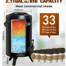 Insulated Beverage Dispenser 2.2 Gal - Hot Drink Dispenser 304 Stainless Steel W/Real-Time Thermometer Iced Beverage Dispenser Water Milk Tea Coffee For Parties Catering Commercial W/Labels, Black - Black - View 4