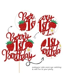 1pc Birthday Cake Topper With Flower Decoration, Glitter Sweet Fruit Theme Birthday Cake Topper With Strawberry Shower For Selected Strawberry Theme Birthday Party Cake Decoration,Christmas