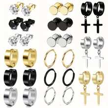 30 Pcs Stainless Steel Ring Earrings Punk Style Cool Earrings Earrings Set For Men And Women Universal Round Silver Black Gold Earrings Pierced Earrings Earrings Set Low Sensitivity All-Matching Earrings Design
