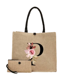 Floral Pattern Black Letter A-Z Print Linen Tote Bag, Small With Buckle Handle, Large & Small Set, Minimalist Travel Bag, Cosmetic Bag, Large Capacity Travel Makeup Bag, Casual Carry-On Tote, Shopping Bag, New Design, Suitable For Shopping Tote, Lunch Bag, Multi-Purpose Portable Tote, Ideal Gift For School, Picnic, Family, Friends, Parents, Classmates