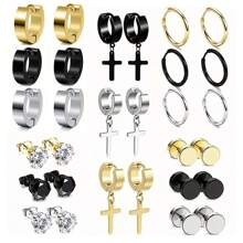 30 Pcs Stainless Steel Ring Earrings Punk Style Cool Earrings Earrings Set For Men And Women Universal Round Silver Black Gold Earrings Pierced Earrings Earrings Set Low Sensitivity All-Matching Earrings Design