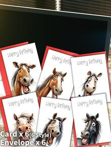 12 张趣味生日贺卡套装，趣味马脸，卡通马角色，6 张手工贺卡，趣味生日贺卡多件装，学校用品，返校季 - 均碼 - 查看 4