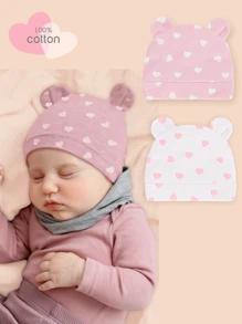 2pcs/1pc Baby Pink Heart Pattern Soft Cotton Breathable Double Ear Infant Newborn Hospital Beanie Hat, Suitable For 0-3 Months Daily Use, Great Gift For Expecting Mothers