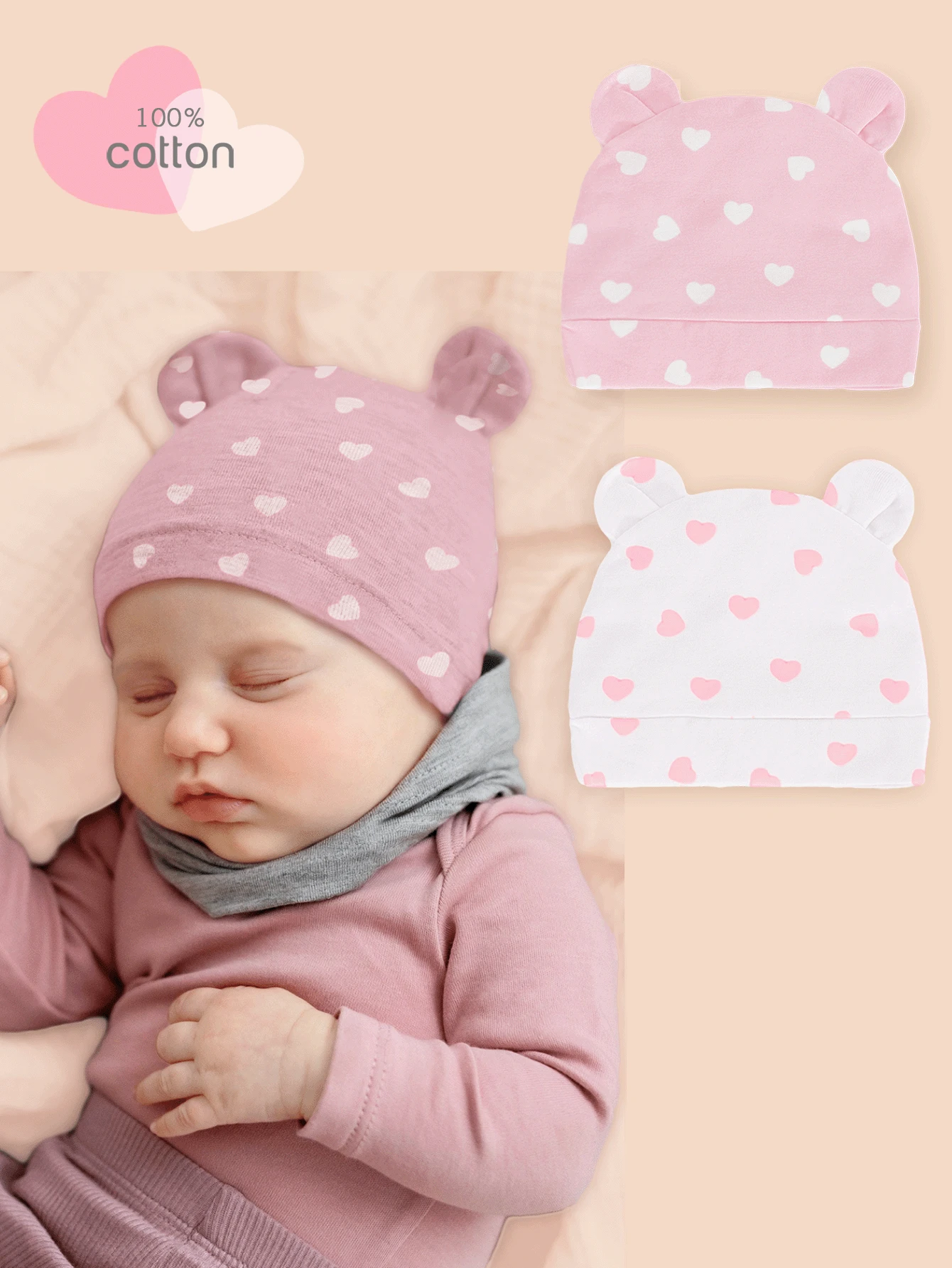 2pcs/1pc Baby Pink Heart Pattern Soft Cotton Breathable Double Ear Infant Newborn Hospital Beanie Hat, Suitable For 0-3 Months Daily Use, Great Gift For Expecting Mothers
