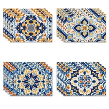 A Set Of 4/6pcs With Blue Patterns, Table Placemats, Made Of Machine Washable Polyester Fiber, This Rectangular Heat-Resistant Placemat Is Heat-Resistant, Stain Resistant, Waterproof, And Easy To Clean. It Is Suitable For Desktop Decoration, Holiday Party Decoration, And Desktop Protection, And Is Suitable For Both Home And Outdoor Use