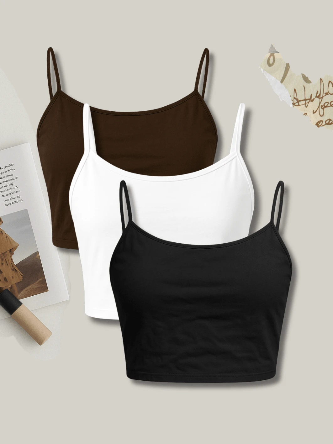 Kit 3 Cropped Tank Top Light Straps Thin Elegant Sensual Casual Cute Cotton Cropped Tank Top Street Daily - Đen, Trắng và Nâu - Xem 1