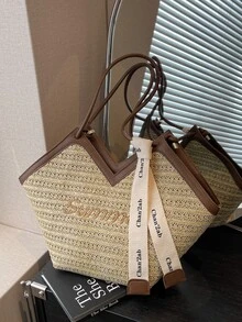 New Fashion All-Match New Contrast Color Design Indentation Design Large Capacity Double Handle Shoulder Tote Bag Suitable For Travel Shopping Commuting To Work With Scarf Decoration Design, Ladies Elegant Wallet, Business Commuter Wallet - View 2