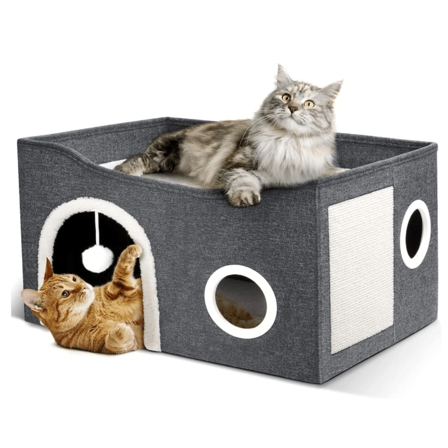 Cat House For Indoor Cats - Large Cat Bed Cave With Fluffy Ball And Scratch Pad, Foldable Cat Houses & Condos, Cat Hideaway, Covered Cat Bed For Multi Small Large Kitty, - Medium Gray - View 1
