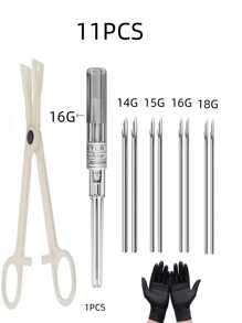 9pcs/Set Sterile Mixed Size Stainless Steel Piercing Tools. 7pcs Piercing Tools + 1 Tweezers + 1 Pair Gloves To Handle (14G 16G 18G 20G) IV Catheter Sealing Papers, Random Color & Text. Hollow Piercing Hole, Suitable For Men & Women Ear, Nose, Navel, Lip, Eyebrow, Tongue, Soft Tissue Piercing Beauty Tools