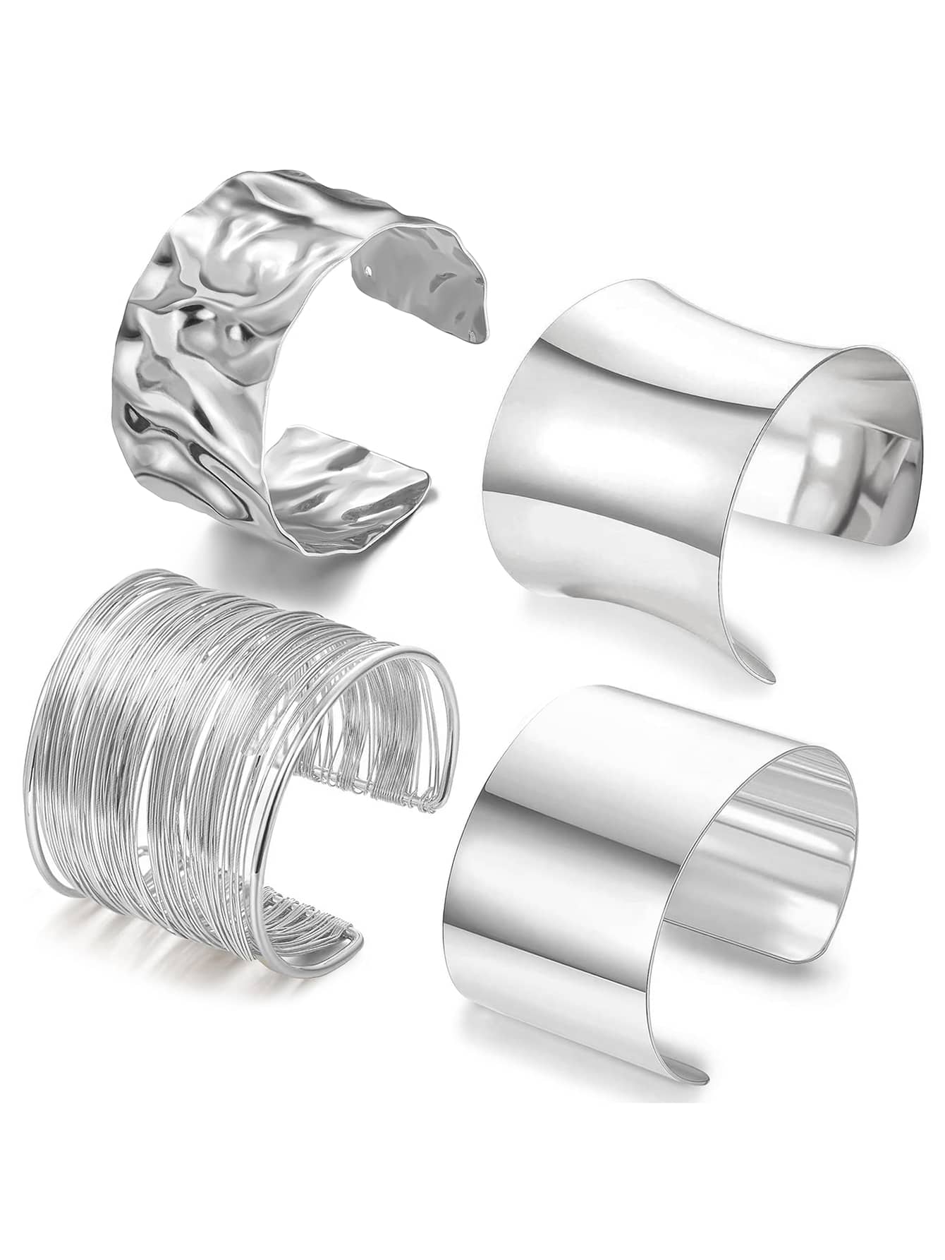 Yanxyad 1 Set Women's Thick Silver Bangle Bracelets, Punk Style Jewelry, Thick Silver Bracelets, Personalized Chunky Bracelets, Silver Bracelet Set & Gift, Petite Bangle - Silver - View 1