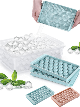 1 件 33 腔圆形冰格带盖冰球制作模具适用于冰箱可重复使用迷你圆形冰格制冰球冰块模具冷藏鸡尾酒威士忌茶咖啡，可堆叠放入冰箱